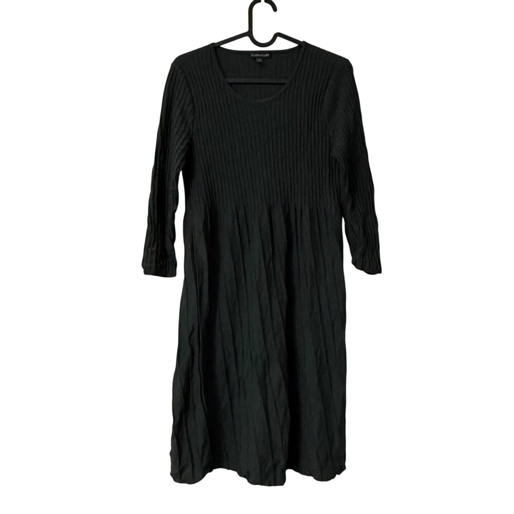 Eileen Fisher Green Wool Ribbed Pleated Fit Flare Sweater Dress Womens Small